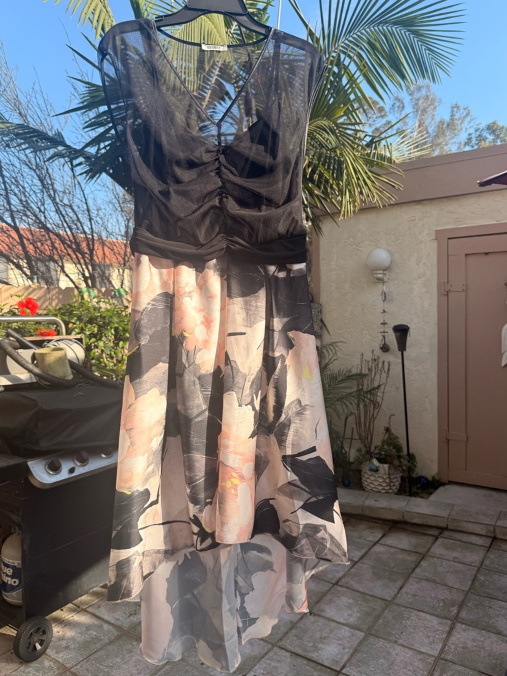 Made in Italy Mesh Illusion Floral Dress Ruched Bodice High Low Hem